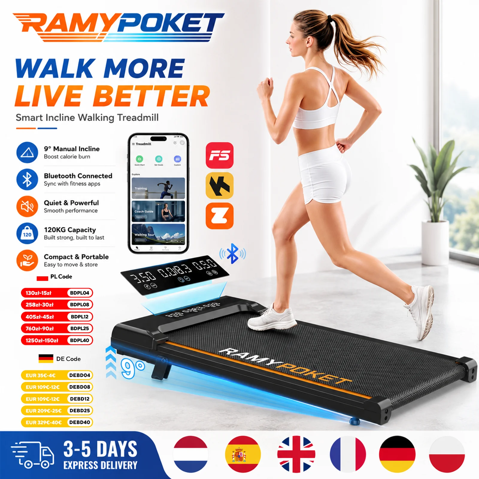 Bieżnia Walking Pad RAMYPOKET z nachyleniem 9% za 258zł! 🔥