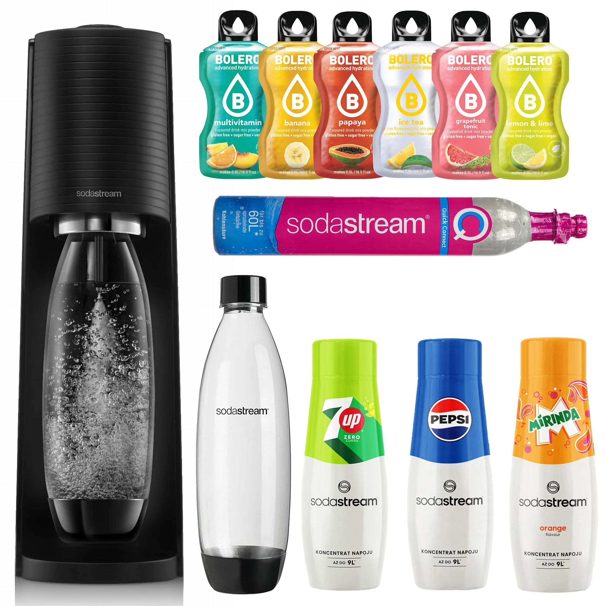 SodaStream Terra saturator z nabojem CO₂, butelką 1L i zestawem smaków