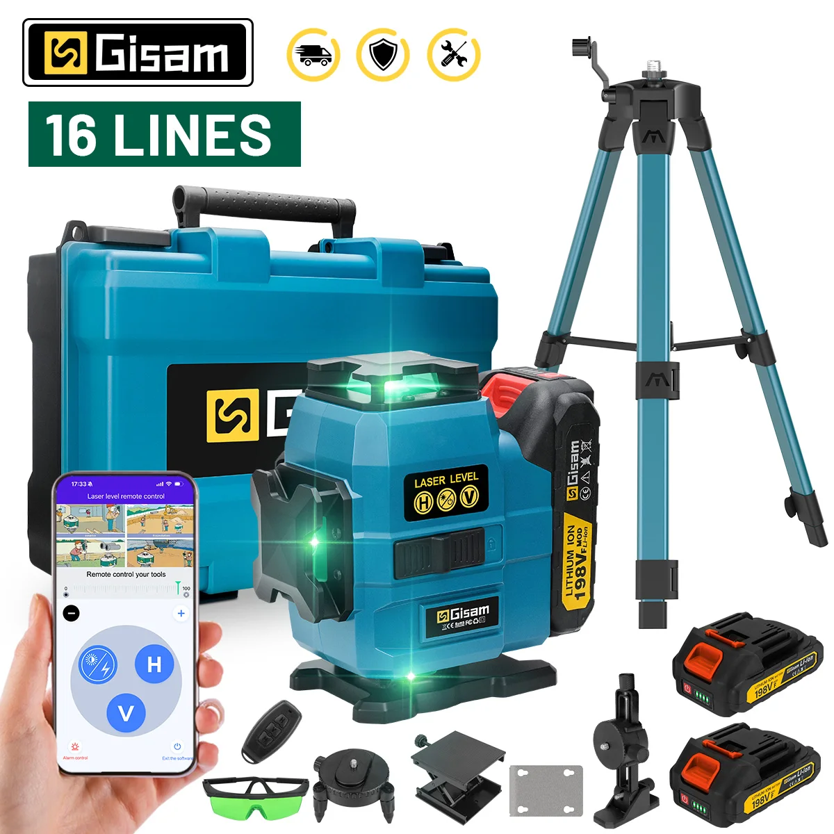 Poziomica laserowa Gisam 4D 16 linii ze statywem i 2 akumulatorami! 🔥