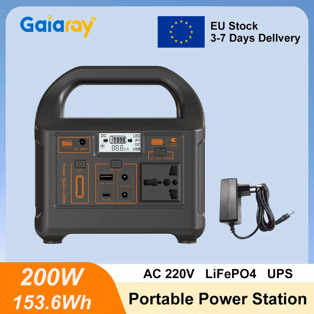 Gaiaray przenośna stacja zasilania 200 W 153,6 Wh LiFePO4 z UPS
