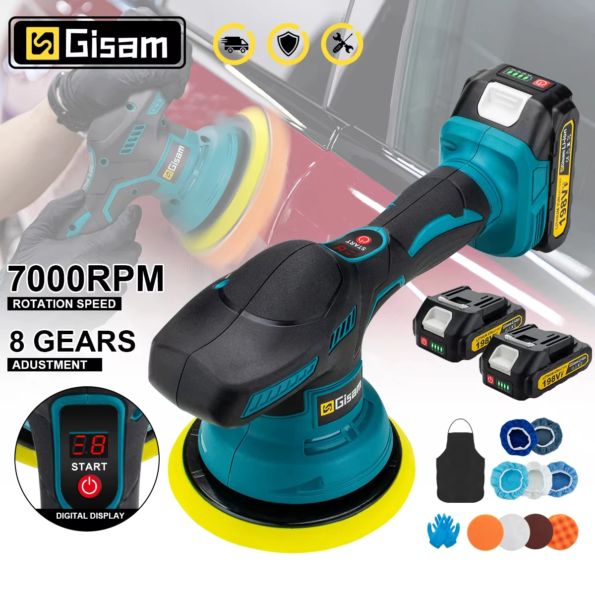 GISAM – akumulatorowa polerka samochodowa 150 mm z 8-stopniową regulacją
