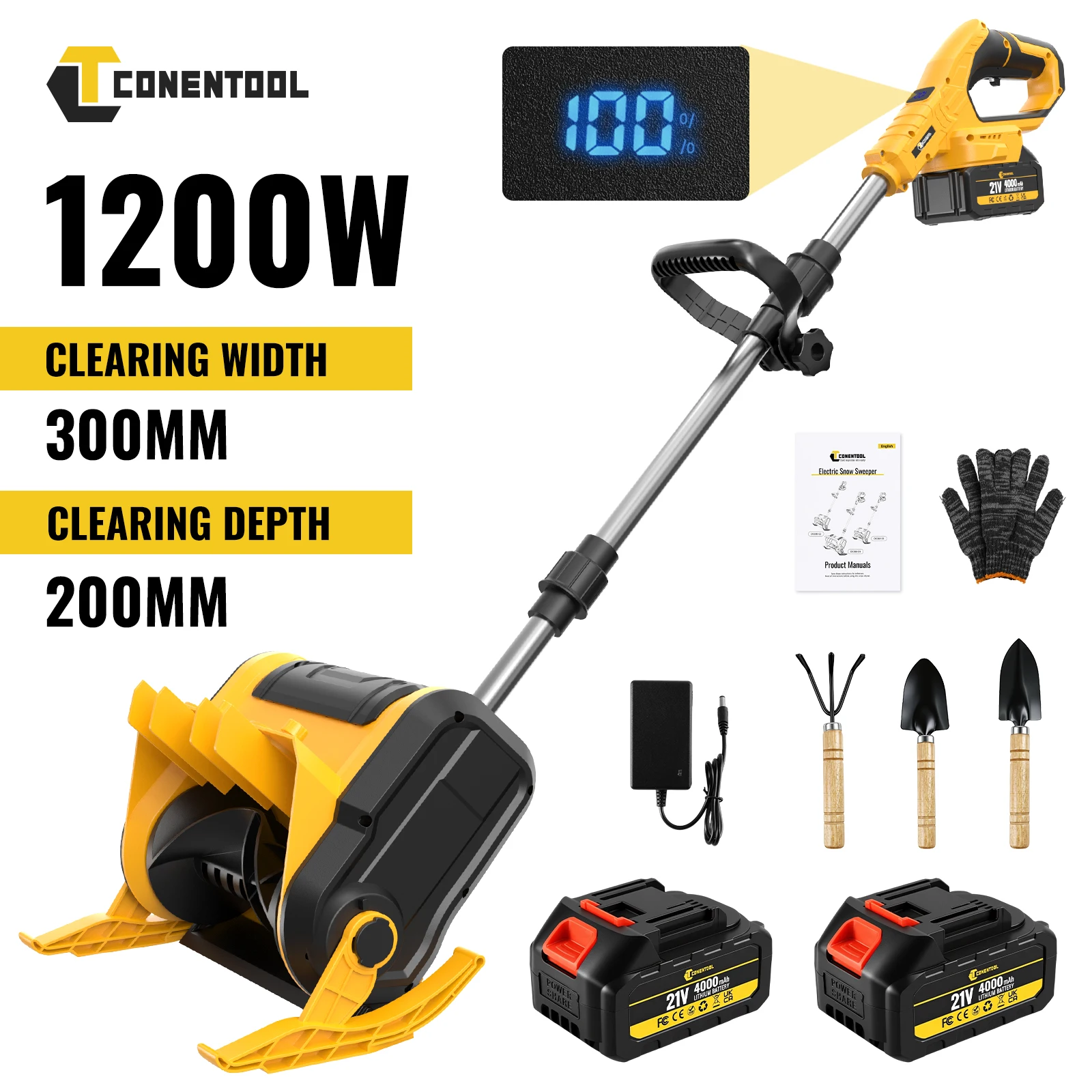 CONENTOOL 21V akumulatorowa łopata do śniegu 30 cm z regulowanym wyrzutem