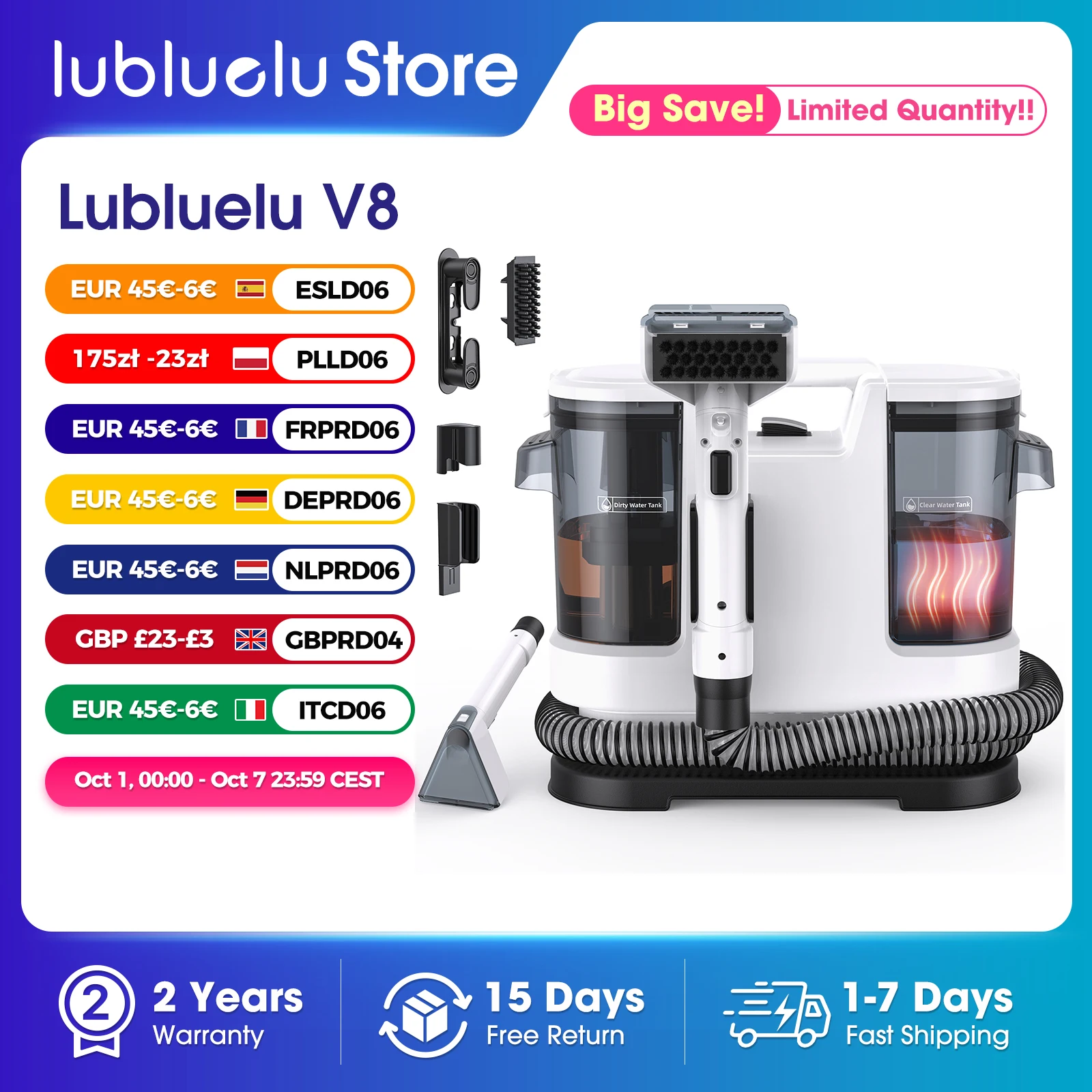 Lubluelu V8 odkurzacz piorący 15 kPa z gorącą wodą do 60°C