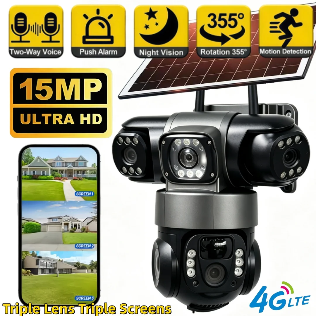 V380 Pro kamera solarna 4G LTE 15 MP z trzema obiektywami