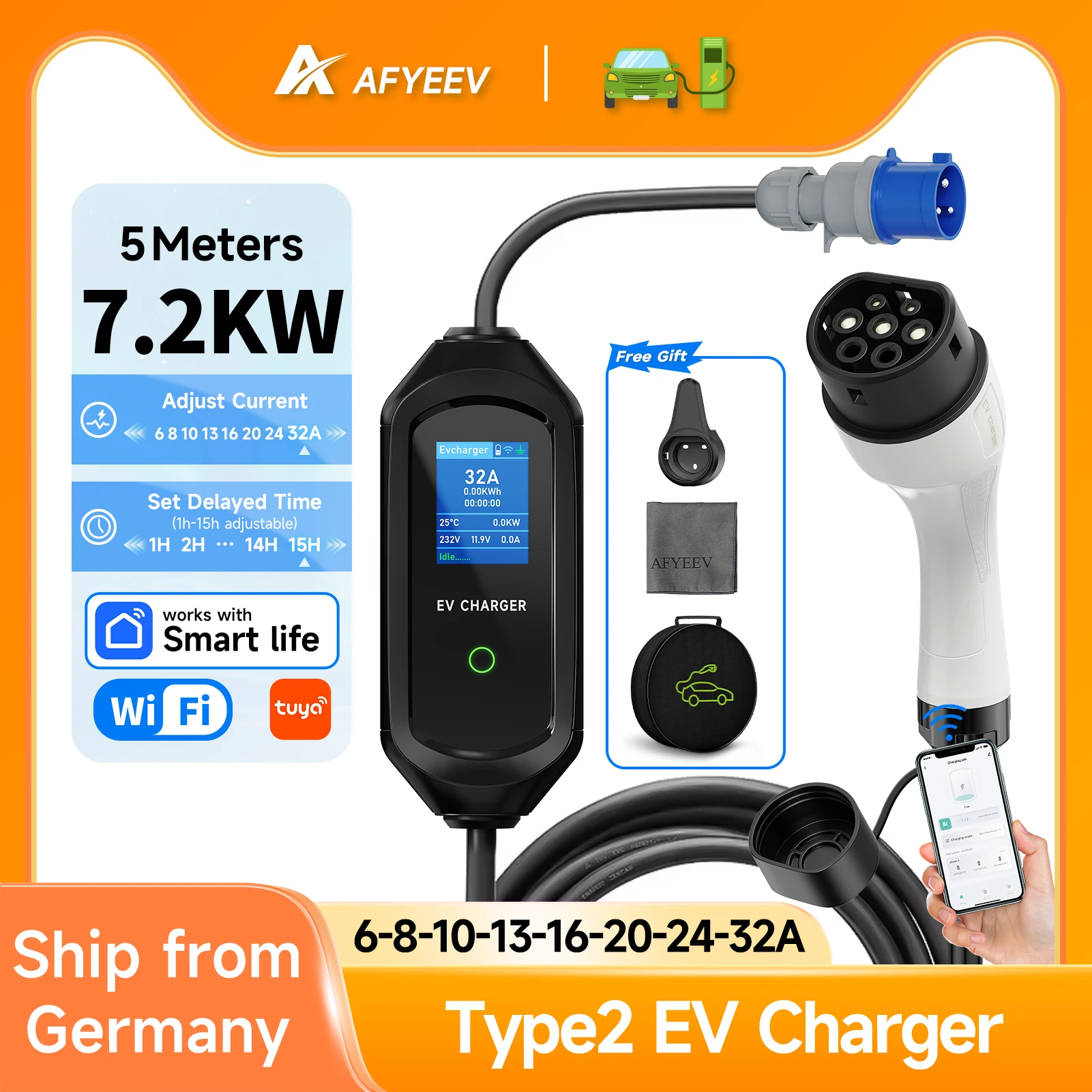 AFYEEV 32A 7,2 kW przenośna ładowarka EV Typ 2 z Wi‑Fi i Bluetooth
