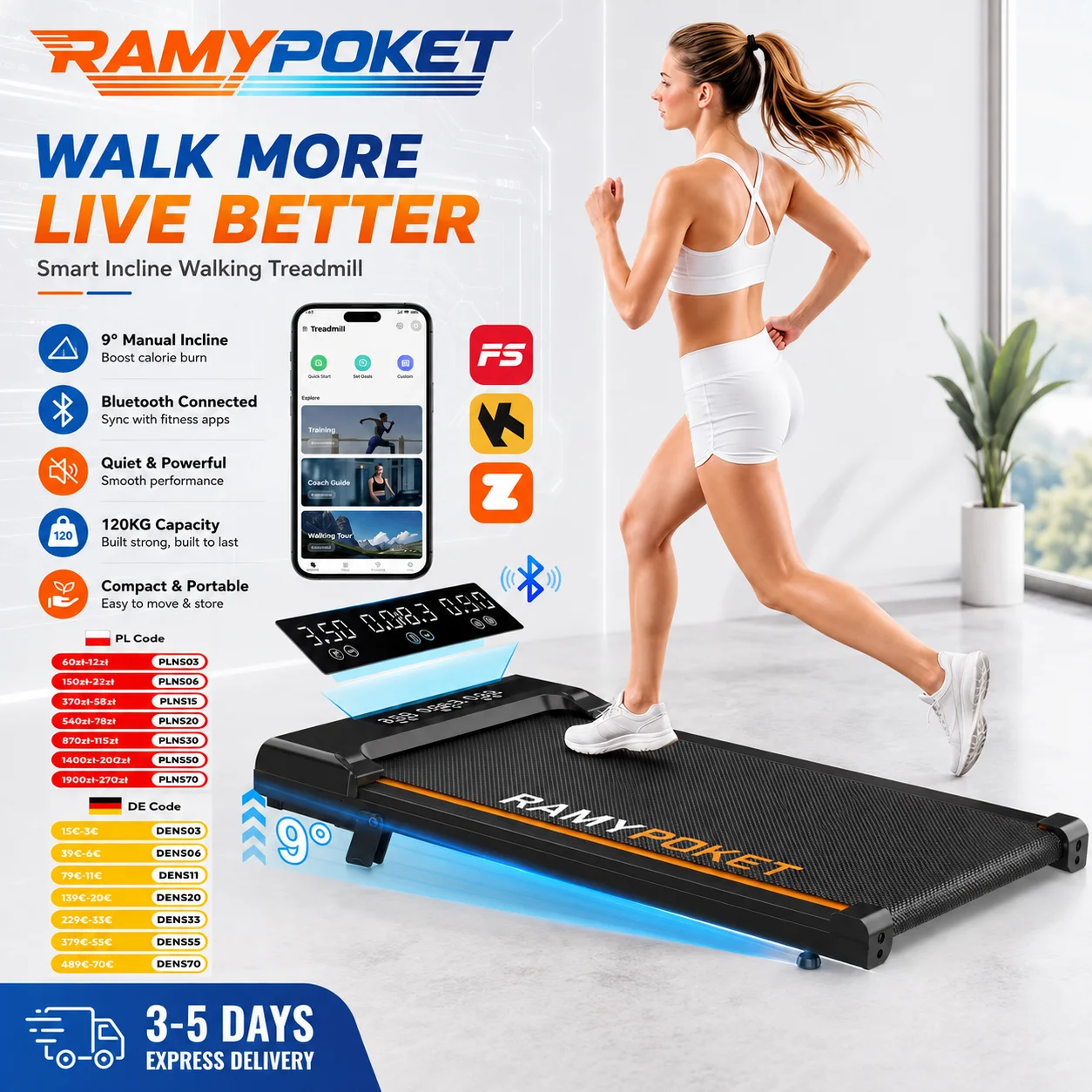 Bieżnia Walking Pad RAMYPOKET z nachyleniem 9% za 258zł! 🔥