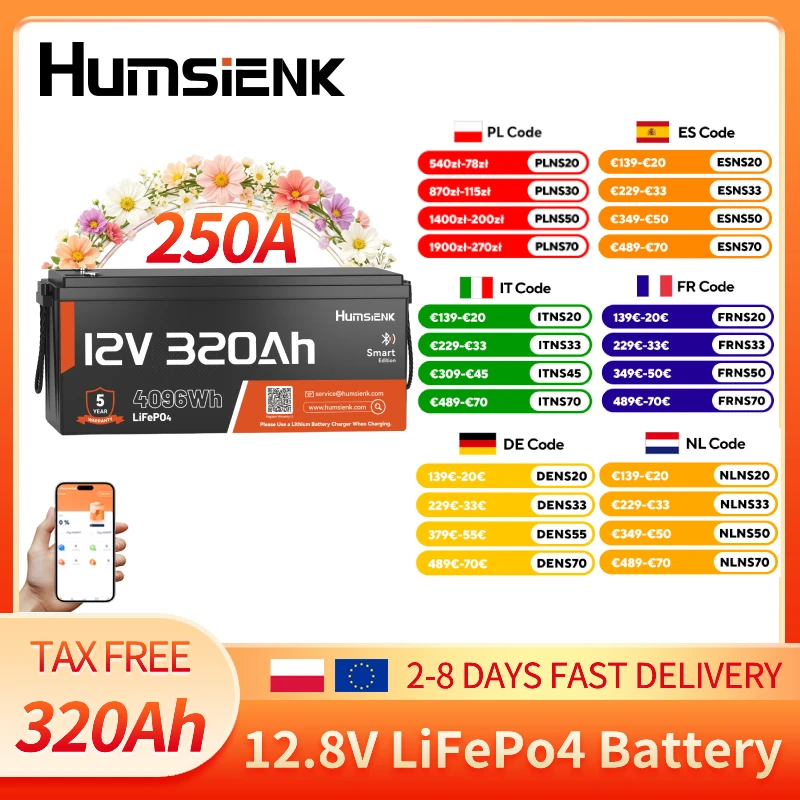 Humsienk 12V 320Ah akumulator LiFePO4 z Bluetooth i BMS 250A