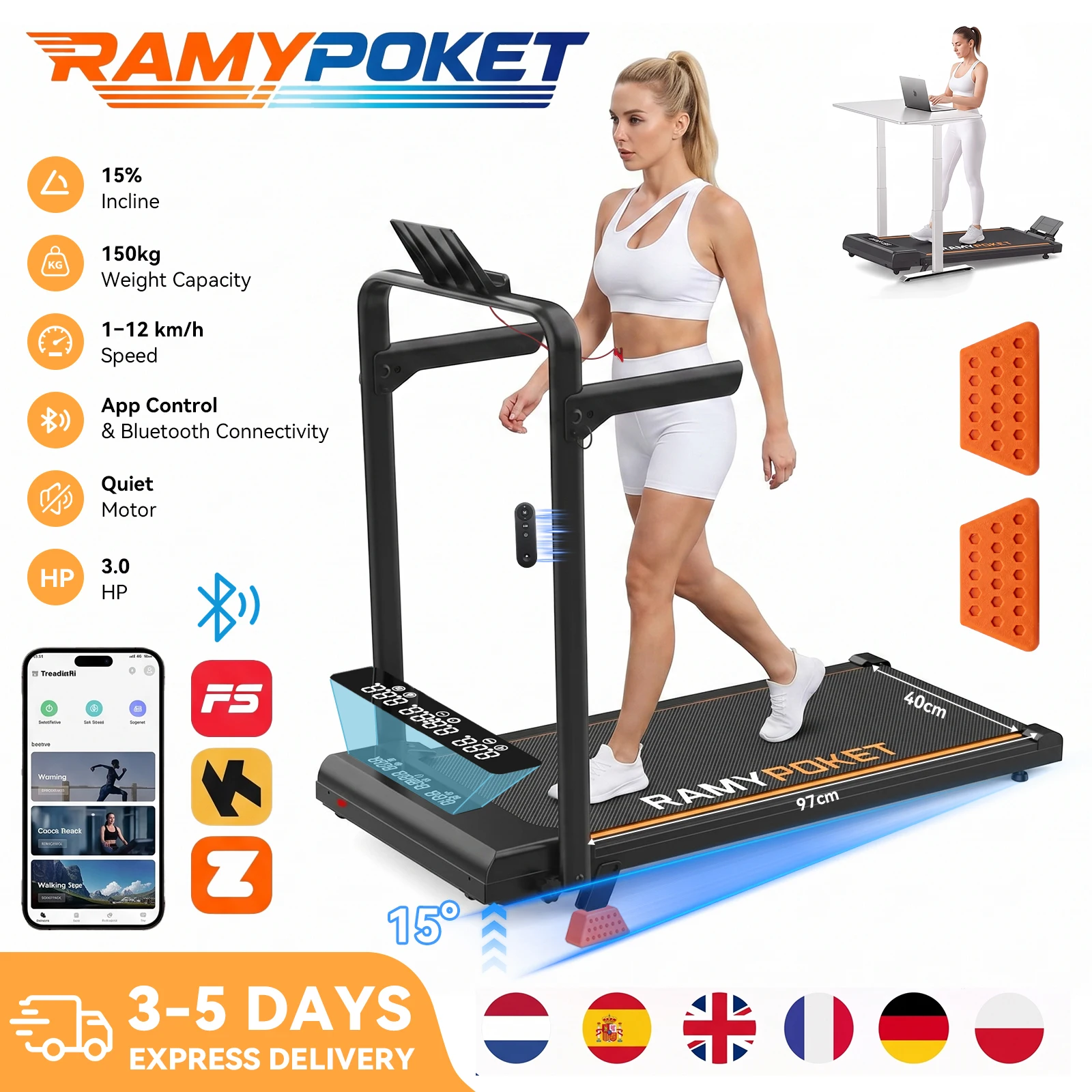 RAMYPOKET bieżnia domowa 3 KM z nachyleniem 15%