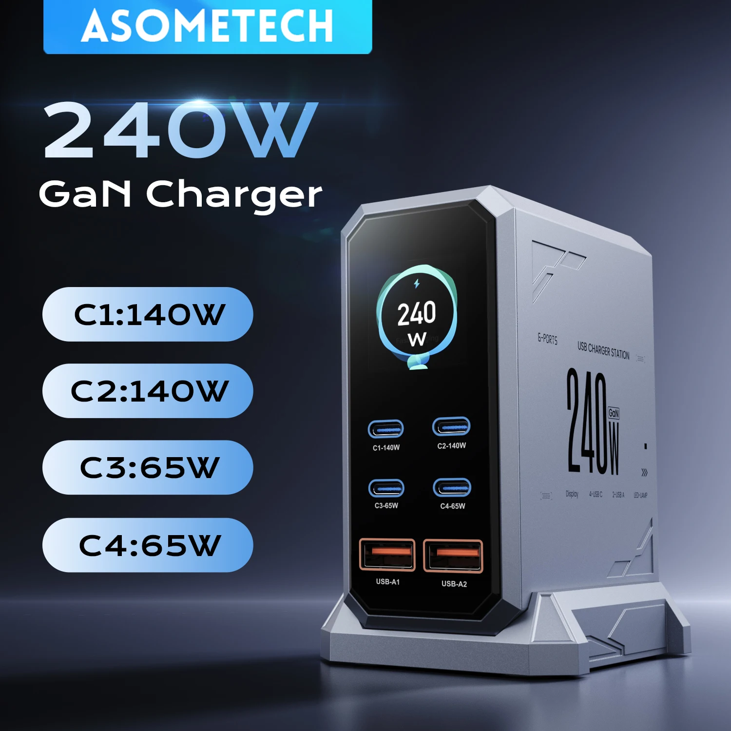 ASOMETECH stacja ładowania GaN 240 W z 6 portami i wyświetlaczem LCD