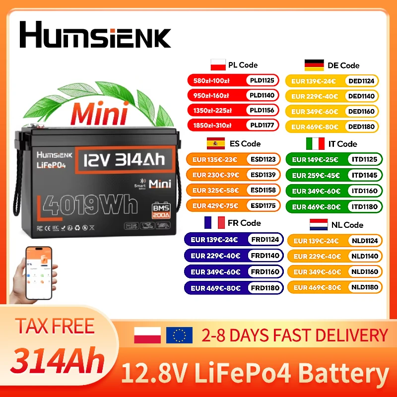 Humsienk 12 V 314 Ah akumulator LiFePO4 z Bluetooth i BMS 200 A