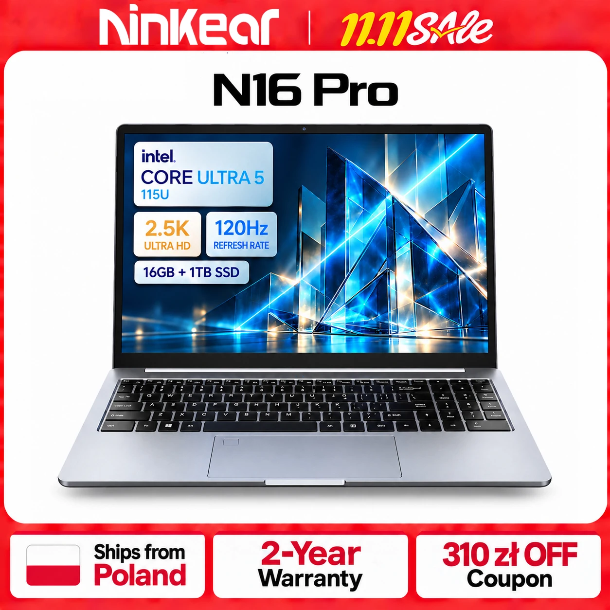 Ninkear N16 Pro laptop 16" 2,5K 120 Hz z Intel Core Ultra 5 115U
