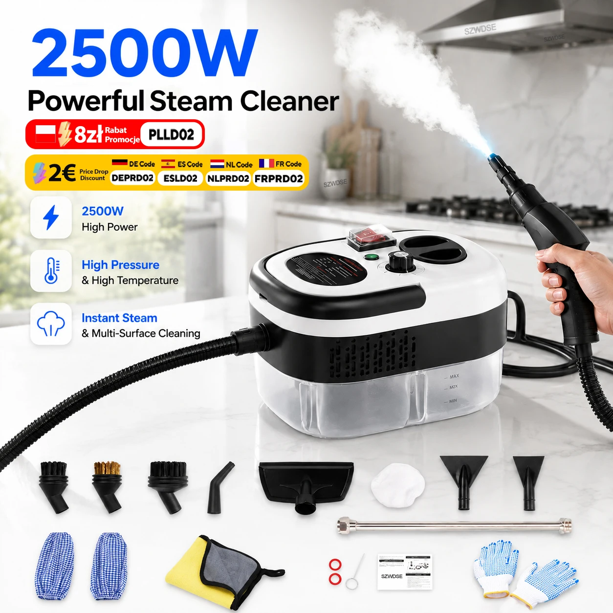Myjka parowa 2500 W wysokociśnieniowa z zestawem akcesoriów