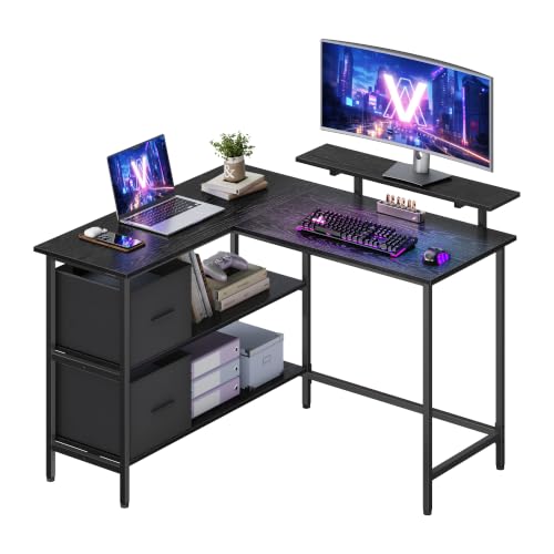 VASAGLE LWD097B01 biurko narożne z 2 szufladami i podstawą pod monitor
