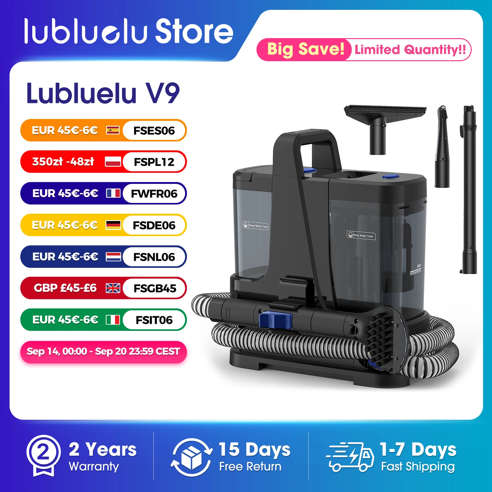 Lubluelu V9 odkurzacz piorący z parą 100°C i ssaniem 15 000 Pa
