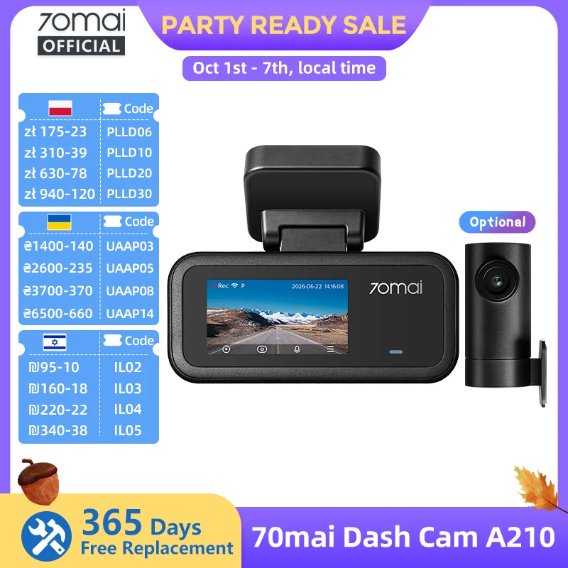 70mai A210 wideorejestrator 1080p HDR z GPS i Wi‑Fi 6