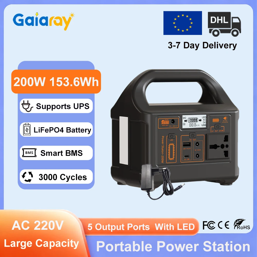 Gaiaray przenośna stacja zasilania 200 W 153,6 Wh LiFePO4 z UPS