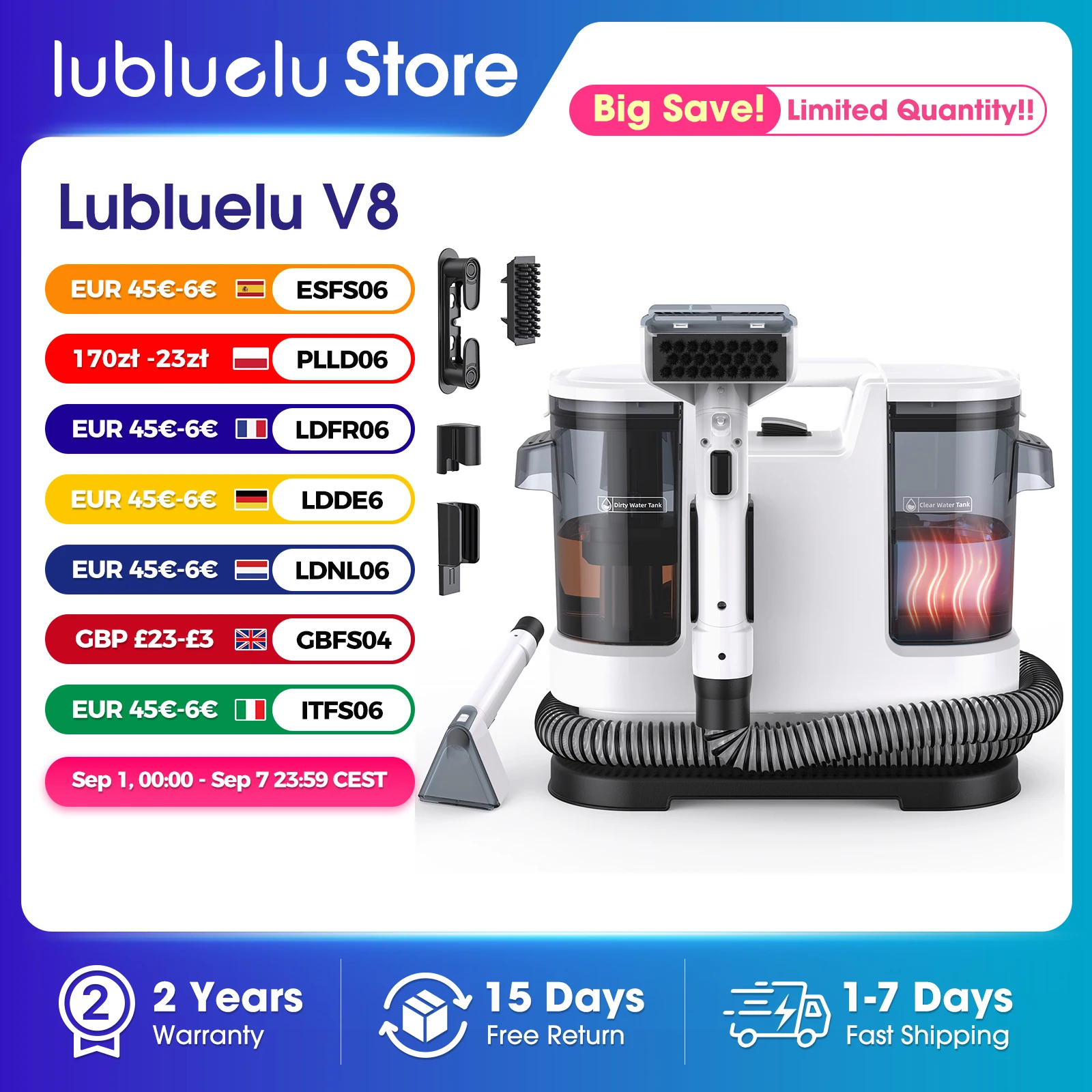 Lubluelu V8 odkurzacz piorący 15 kPa z gorącą wodą do 60°C