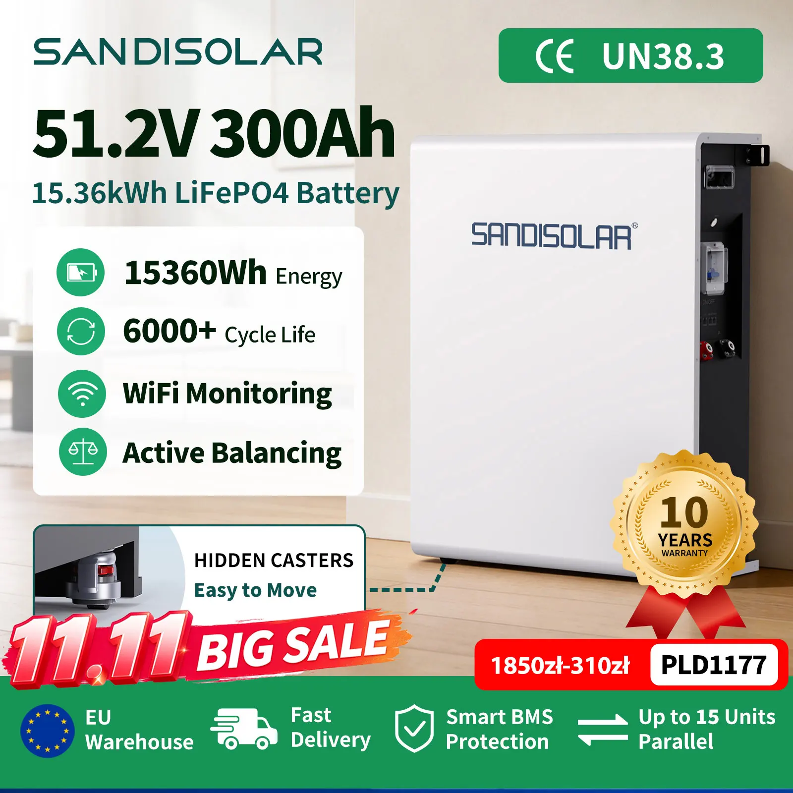 SANDISOLAR SD-51.2V300Ah magazyn energii LiFePO4 15,36 kWh ze Smart BMS