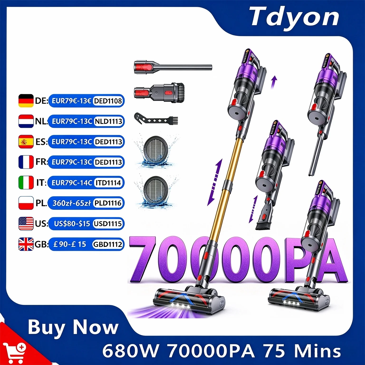 Tdyon Nova G8 odkurzacz pionowy bezprzewodowy 680 W