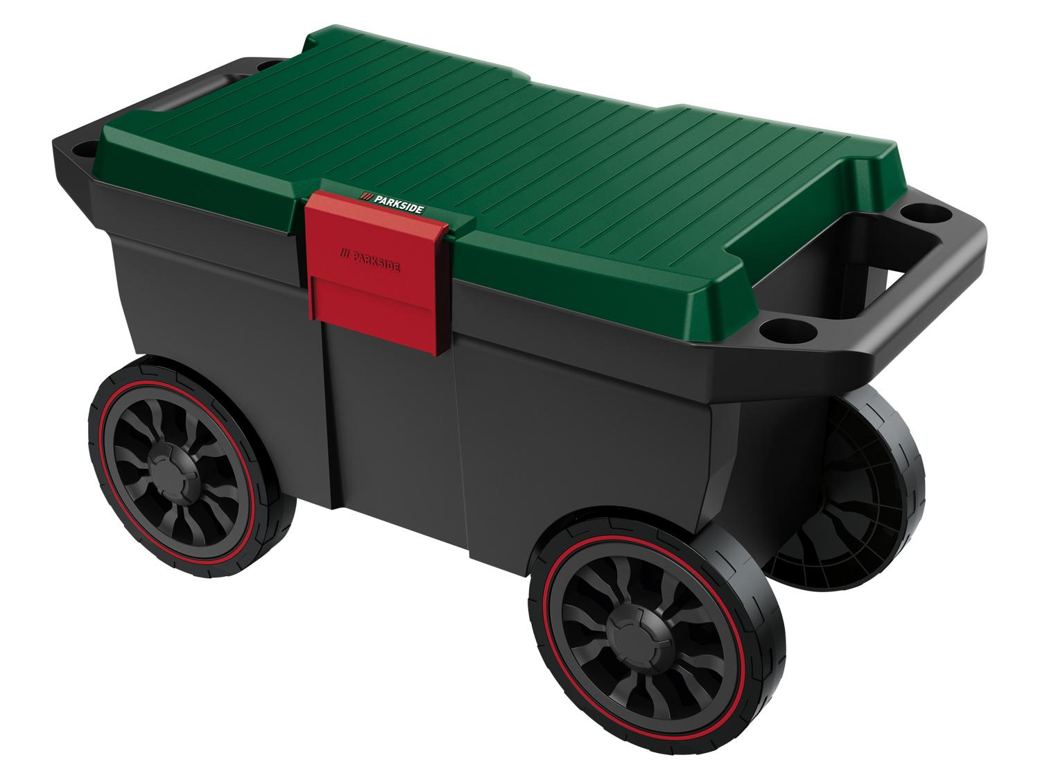 PARKSIDE – mobilny stołek ogrodowy na 4 kołach ze schowkiem i tacą