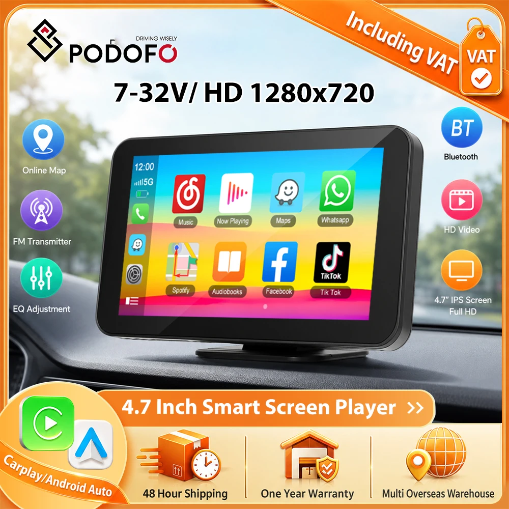 Podofo 4,7" – ekran samochodowy z CarPlay i Android Auto