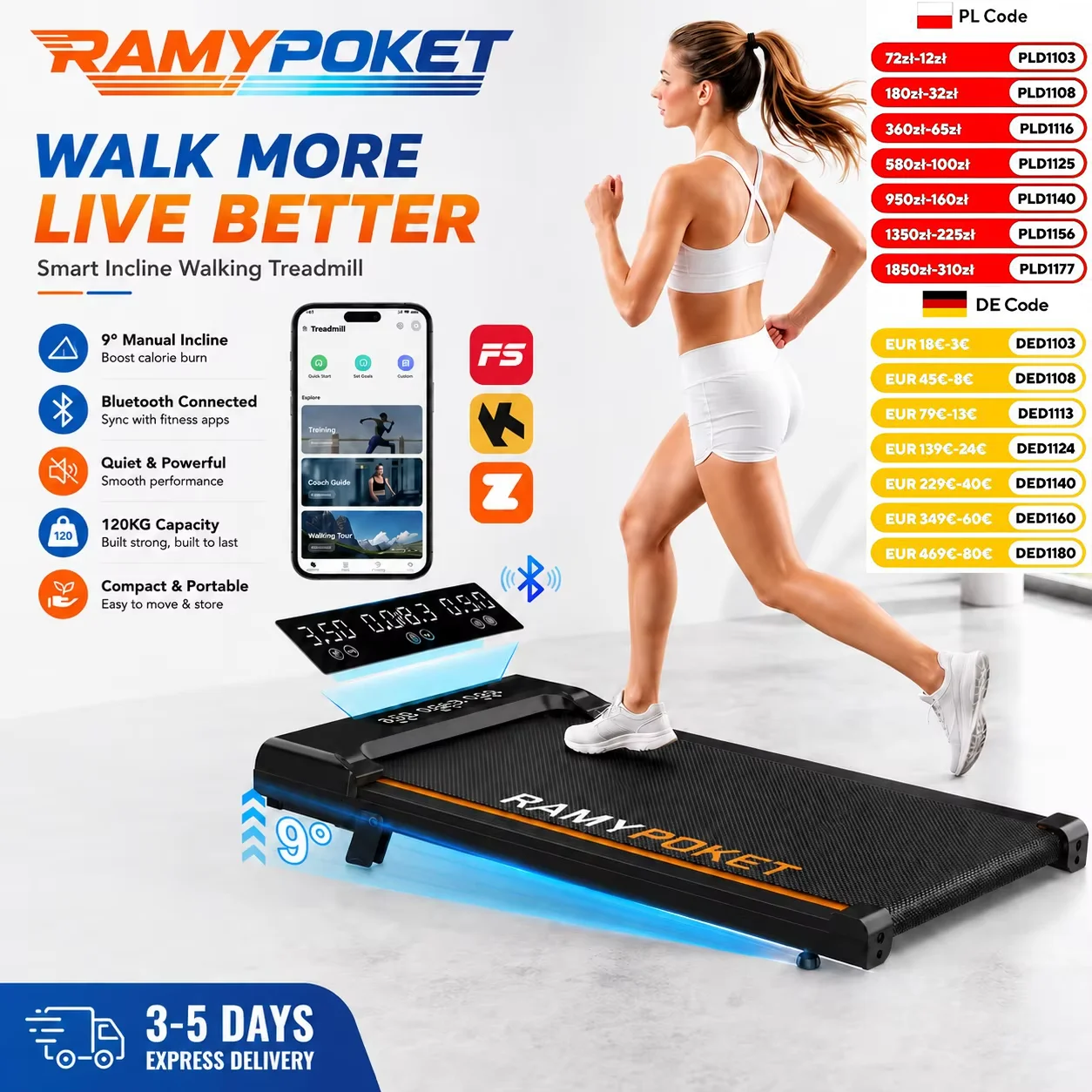 RAMYPOKET bieżnia elektryczna Walking Pad z nachyleniem 9% i aplikacją