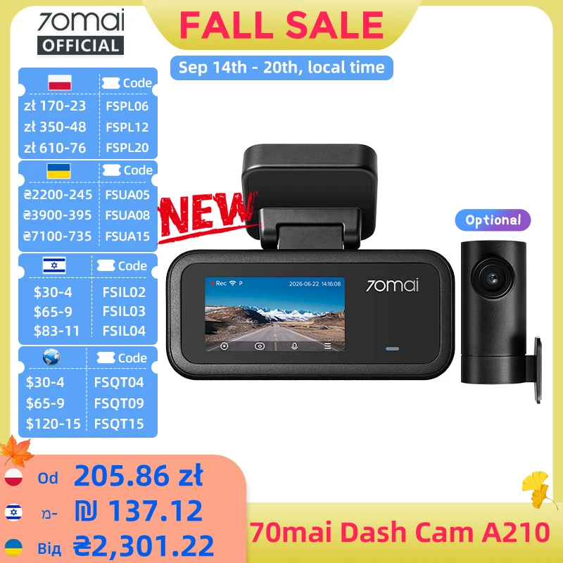70mai A210 wideorejestrator 1080p HDR z GPS i Wi‑Fi 6