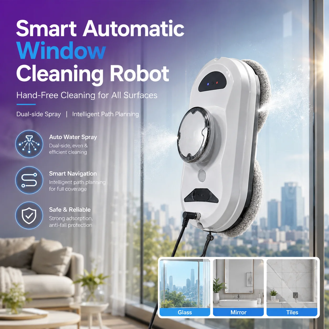 Robot do mycia szyb z podwójnymi dyszami ultradźwiękowymi
