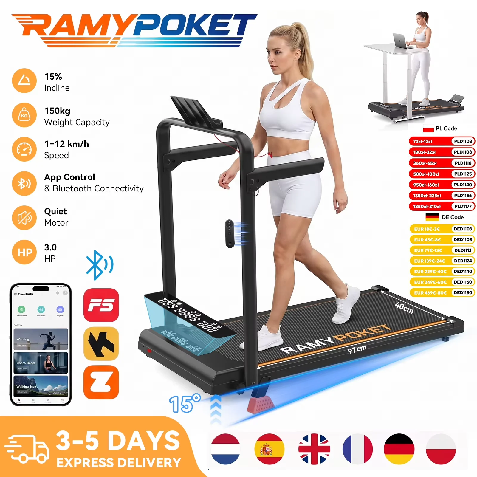 RAMYPOKET bieżnia domowa 3 KM z nachyleniem 15%