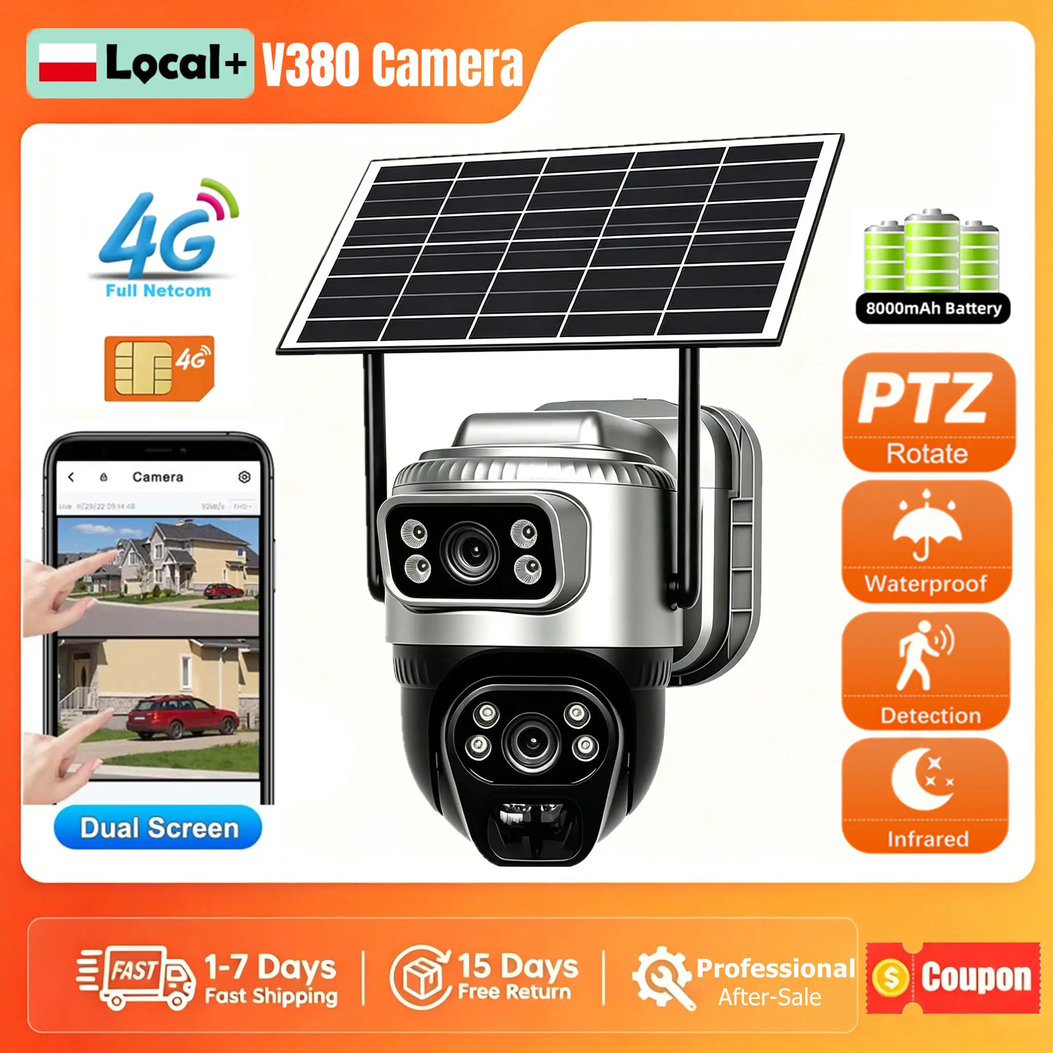 V380 kamera solarna 4G 8 MP z dwoma obiektywami i PTZ