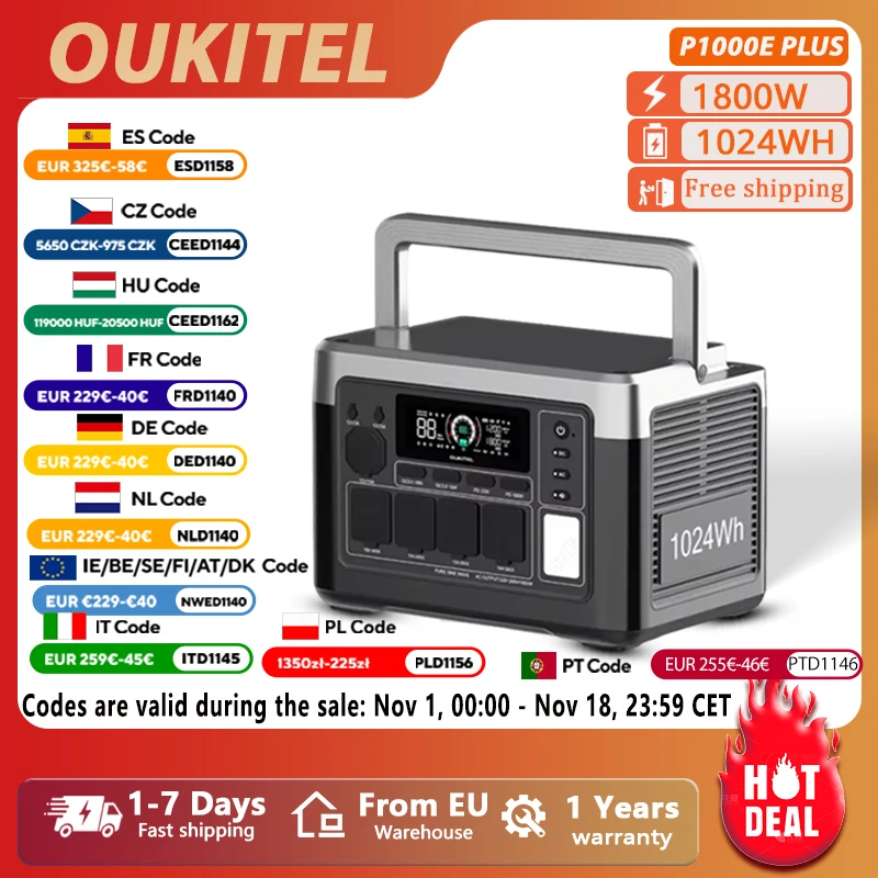 OUKITEL P1000E Plus – przenośna stacja zasilania 1800W 1024Wh LiFePO4