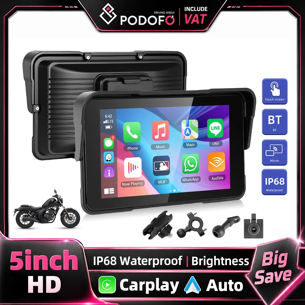Podofo 5" ekran motocyklowy z CarPlay, Android Auto i IP68
