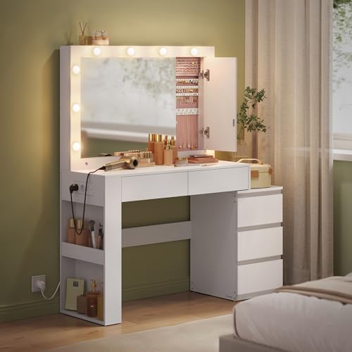 VASAGLE RDT127W01 toaletka z lustrem LED i szafką na biżuterię