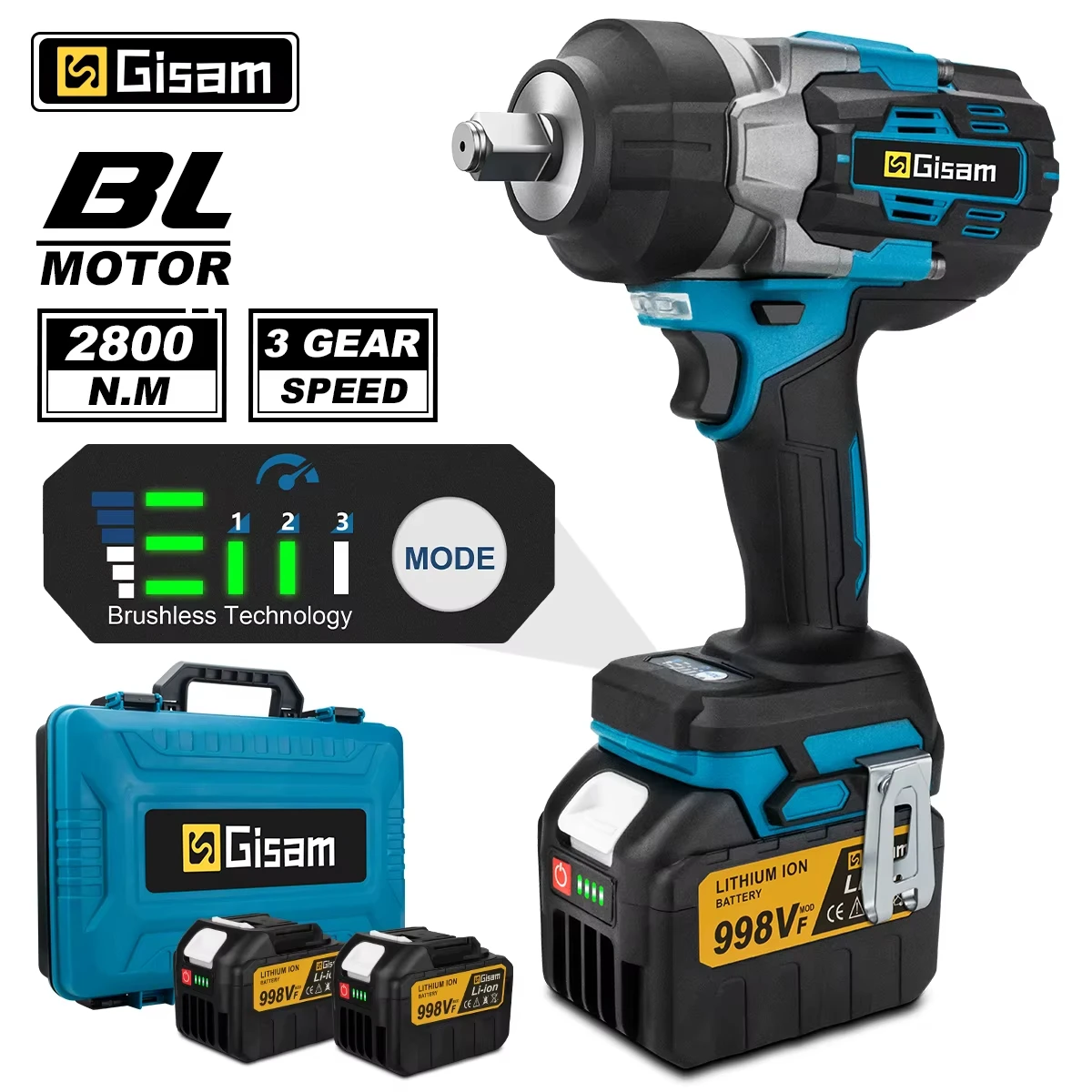 GISAM 2800 Nm bezszczotkowy klucz udarowy 1/2" do akumulatorów Makita 18V